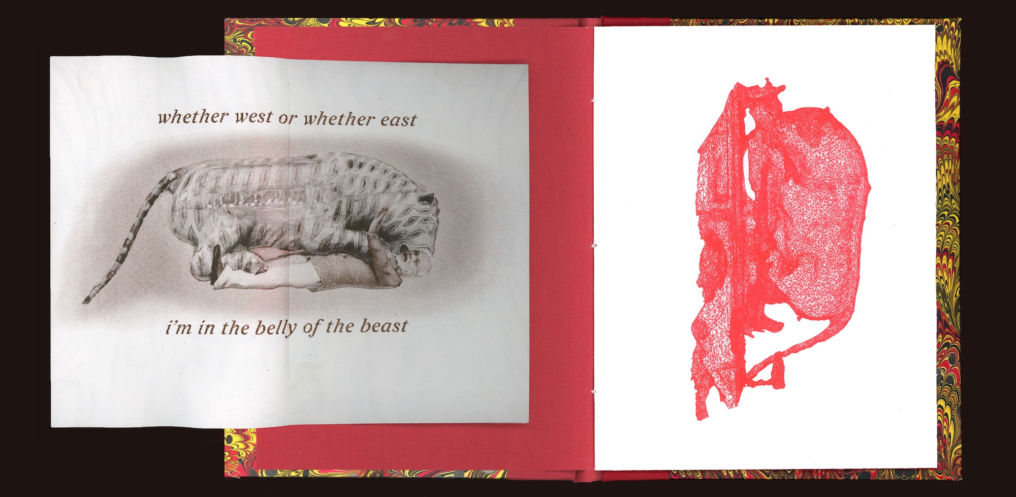 a flat scan of the inside cover. A folded paper opens to show tipus tiger devouring modi with the words 'whether west or whether east, i'm in the belly of the beast'